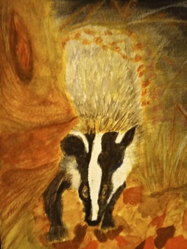 Christine P, Badger in autumn, watercolour.